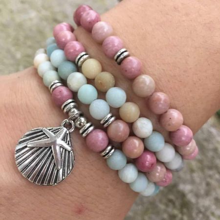 108 Matte Amazonite & Rhodonite Mala Beads – Handmade Meditation Necklace/Bracelet with Seashell Charm