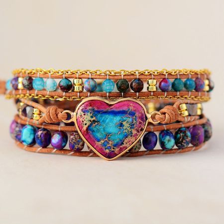 Handmade Purple & Turquoise Jasper Heart Wrap Bracelet – Genuine Leather, Adjustable