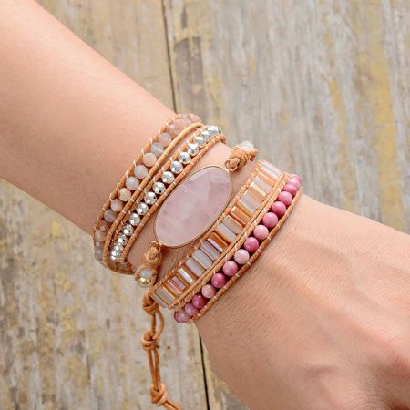 Natural Rose Quartz, Rhodonite & Sunstone Leather Wrap Bracelet – Handmade Chakra Jewelry