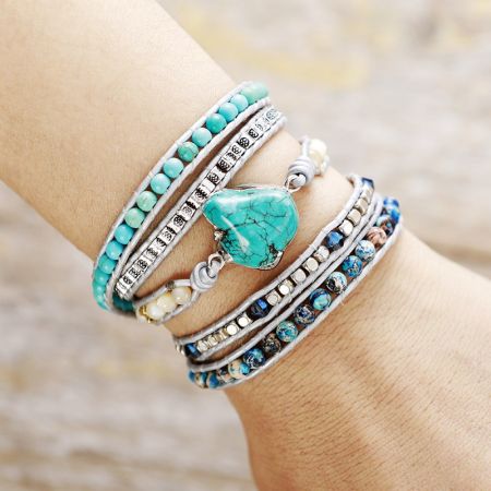 Turquoise Heart & Imperial Jasper 5-Wrap Beaded Bracelet - Handmade
