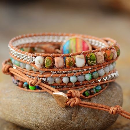 Vibrant Rainbow Imperial Jasper 5x Wrap Bracelet - Handmade Leather Jewelry