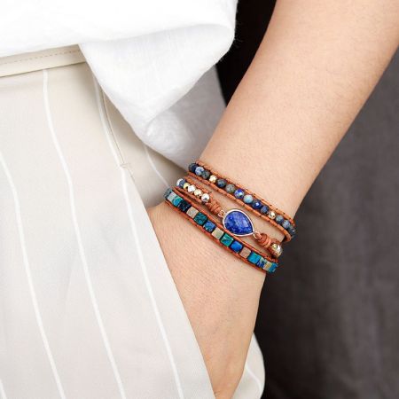 Primary Choice: Natural Lapis Lazuli & Imperial Jasper 3-Wrap Bracelet - Handmade Leather Jewelry