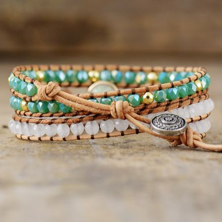 Primary Choice: Handmade White Opal & Mint Crystal 3-Layer Wrap Bracelet - Genuine Leather