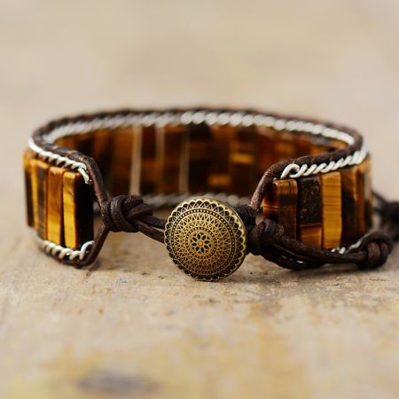 Primary Choice: Natural Tiger Eye Stone Leather Wrap Bracelet - Handmade Rectangular Bead Cuff