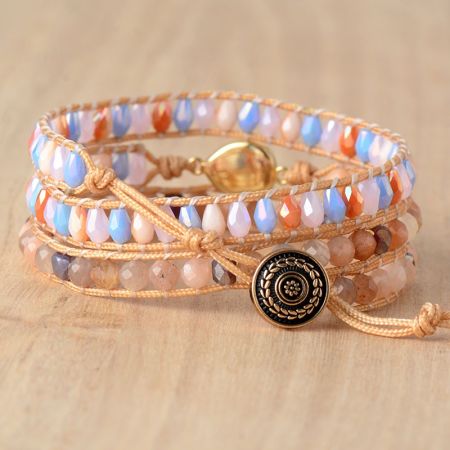 Primary Choice: Handmade Pastel Crystal & Pink Opal 3-Wrap Bracelet - Bohemian Woven Jewelry