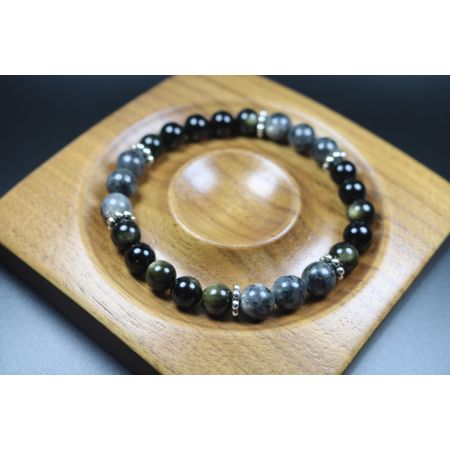 Black Obsidian and Larvikite Bracelet - Man Jewelry - Stretch Bracelet - Man Bead Bracelet - Heal Bracelet - 8mm beads