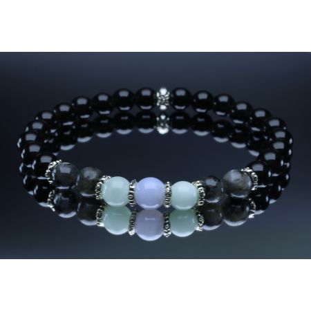 Onyx, Larvikite, Garnierite & Blue Lace Agate Bracelet (6mm Beads)/Deflects Negative Thinking, Anxiety, Strength, Protection, Spiritual