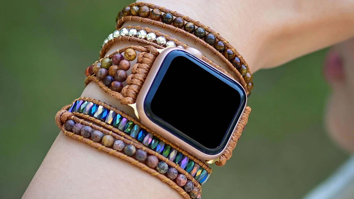 Beaded wrap Apple Watch band worn on the wrist